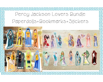 Percy Jackson Lovers Bundle/Greek Gods and Percy Jackson paperdolls+ Camp Half Blood Bookmarks+ Greek Gods and Percy Jackson stickers