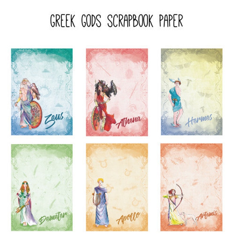 Greek Gods and Goddesses Scrapbook paper. Downloadable papers beautifully illustrated with God Zeus, Goddess Athena and 12 Olympian Gods. image 3