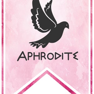 May include: A pink watercolor banner with a white border and a white and pink chevron design at the bottom. The banner features a black silhouette of a dove flying and the text "APHRODITE" in black.