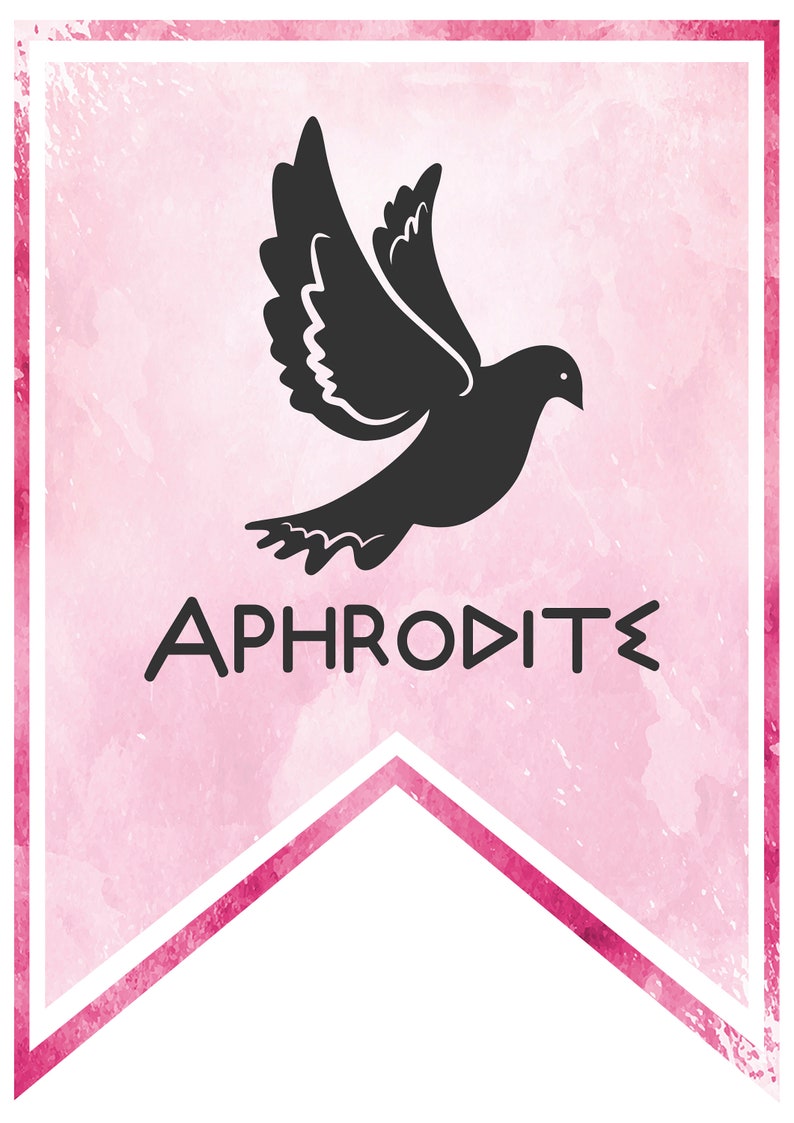 May include: A pink watercolor banner with a white border and a white and pink chevron design at the bottom. The banner features a black silhouette of a dove flying and the text "APHRODITE" in black.