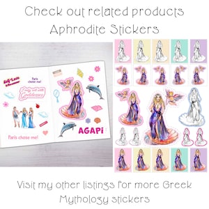 May include: A set of colorful stickers featuring a Greek goddess with a dolphin, seashells, and the word "AGAPI" in pink letters. The stickers are on a white background and are perfect for adding a touch of Greek mythology to your planner, journal, or laptop.