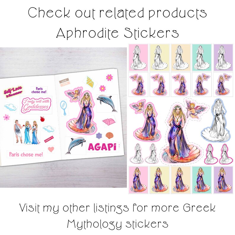 May include: A set of colorful stickers featuring a Greek goddess with a dolphin, seashells, and the word "AGAPI" in pink letters. The stickers are on a white background and are perfect for adding a touch of Greek mythology to your planner, journal, or laptop.