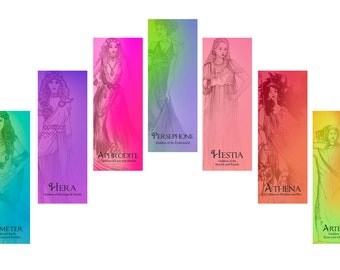 Greek Goddesses Bookmarks/Pack of 7 beautiful bookmarks with Greek Goddesses and inspiring quotes to celebrate the female nature