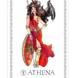 Puede incluir: Una ilustraci&oacute;n de acuarela de Atenea, la diosa griega de la sabidur&iacute;a y la guerra. Se la representa con una lanza, un escudo y un b&uacute;ho posado en su hombro. El escudo presenta un olivo estilizado. La imagen est&aacute; enmarcada con un borde decorativo e incluye el texto "ATHENA".