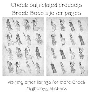 Puede incluir: Una ilustraci&oacute;n en blanco y negro de dioses y diosas griegos. La imagen est&aacute; dividida en dos columnas, cada una con cuatro filas de ilustraciones. Las ilustraciones son de varios dioses y diosas griegos, incluyendo Zeus, Hera, Poseid&oacute;n, Atenea, Apolo, Artemisa, Ares, Afrodita, Hermes, Hefesto, Dem&eacute;ter y Pers&eacute;fone. Las ilustraciones est&aacute;n en un estilo simple y estilizado.