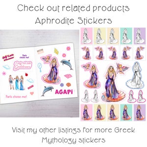 Puede incluir: Un conjunto de pegatinas coloridas que representan a una diosa griega con un delf&iacute;n, conchas marinas y la palabra "AGAPI" en letras rosas. Las pegatinas est&aacute;n sobre un fondo blanco y son perfectas para a&ntilde;adir un toque de mitolog&iacute;a griega a tu agenda, diario o port&aacute;til.