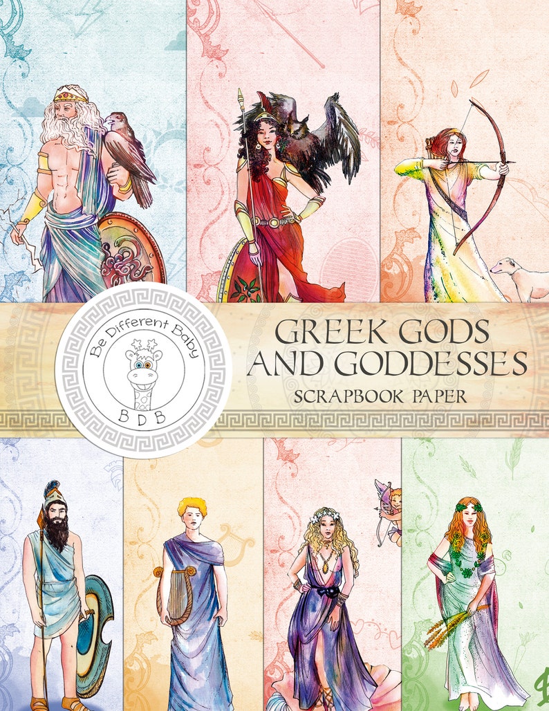 Greek Gods and Goddesses Scrapbook paper. Downloadable papers beautifully illustrated with God Zeus, Goddess Athena and 12 Olympian Gods. image 1