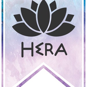 May include: A purple and blue watercolor banner with a white border. The banner features a black lotus flower and the word "HERA" in black text.
