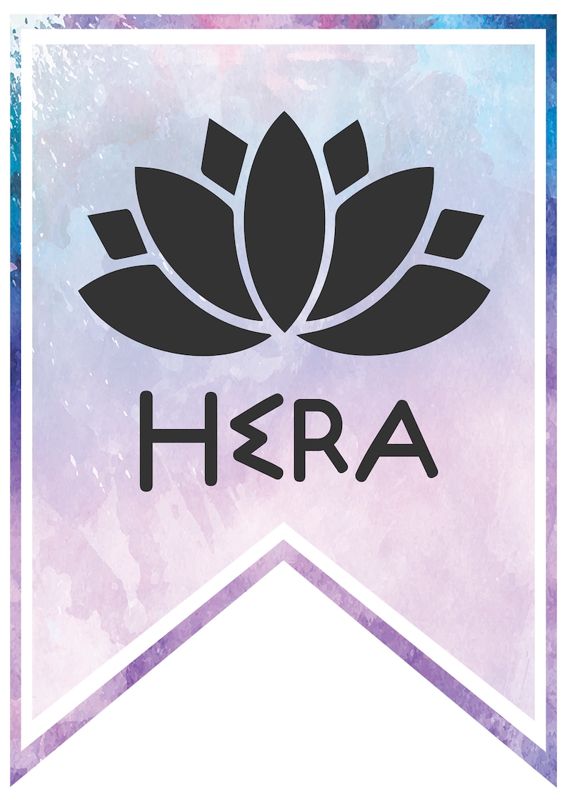 May include: A purple and blue watercolor banner with a white border. The banner features a black lotus flower and the word "HERA" in black text.