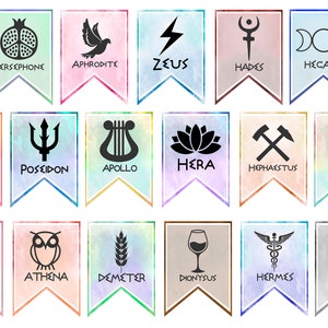 Banner de símbolos de dioses griegos versión grande/inspirado en Percy Jackson. Banner perfecto si estás organizando una fiesta de mitología griega o Percy Jackson