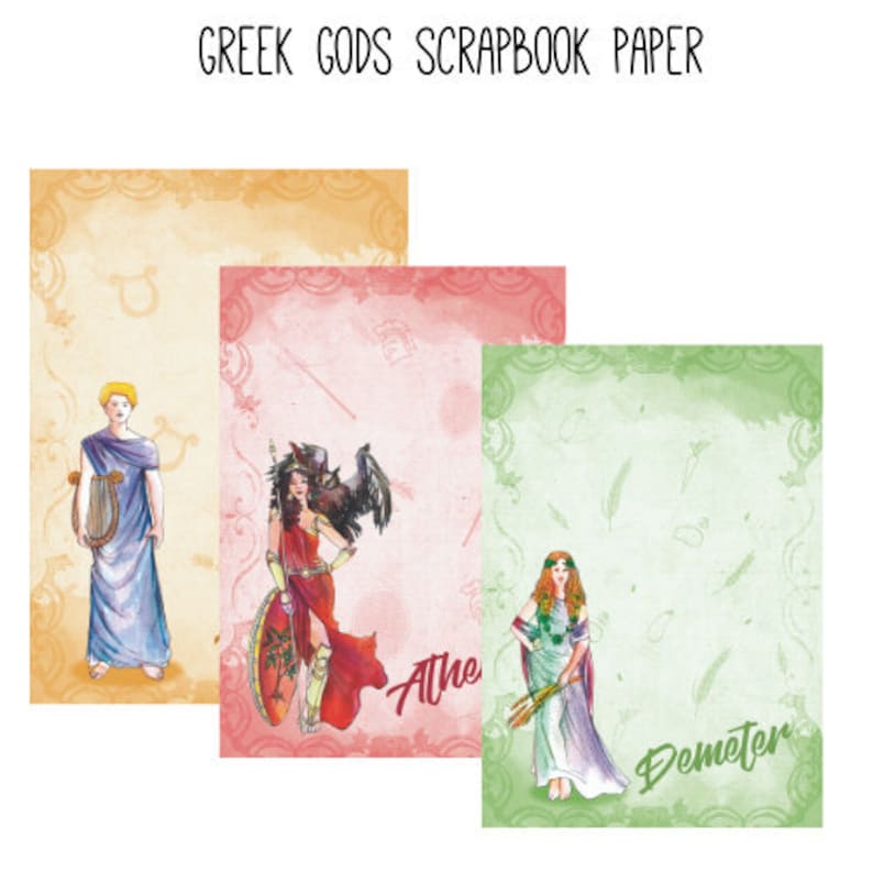 Greek Gods and Goddesses Scrapbook paper. Downloadable papers beautifully illustrated with God Zeus, Goddess Athena and 12 Olympian Gods. image 2