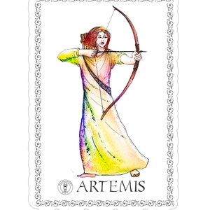 Puede incluir: Una ilustraci&oacute;n de acuarela de Artemisa, la diosa griega de la caza, con un arco y una flecha. Lleva una t&uacute;nica amarilla y morada fluida y tiene el pelo rojo. La imagen est&aacute; enmarcada con un borde decorativo.