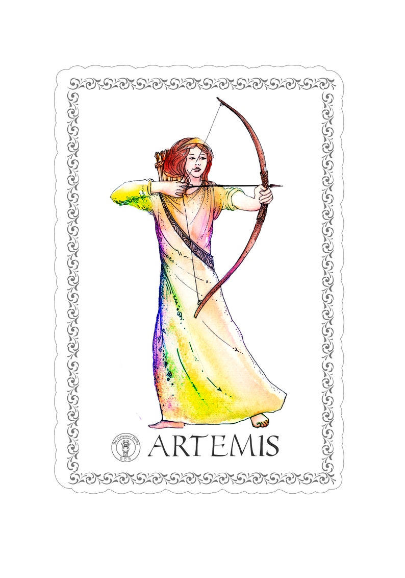 Puede incluir: Una ilustraci&oacute;n de acuarela de Artemisa, la diosa griega de la caza, con un arco y una flecha. Lleva una t&uacute;nica amarilla y morada fluida y tiene el pelo rojo. La imagen est&aacute; enmarcada con un borde decorativo.