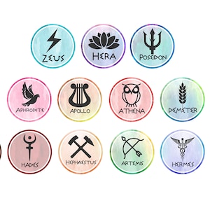 Griekse goden symbolen vinyl stickers/Percy Jackson geïnspireerde stickers/13 stickers met elk God/Godin symbool, gekleurde of zilveren versie