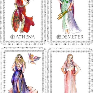 May include: Four illustrated cards featuring Greek goddesses. Each card has a white background with a decorative border and a circle containing the name of the goddess. The goddesses are Athena, Demeter, Aphrodite, and Hestia.