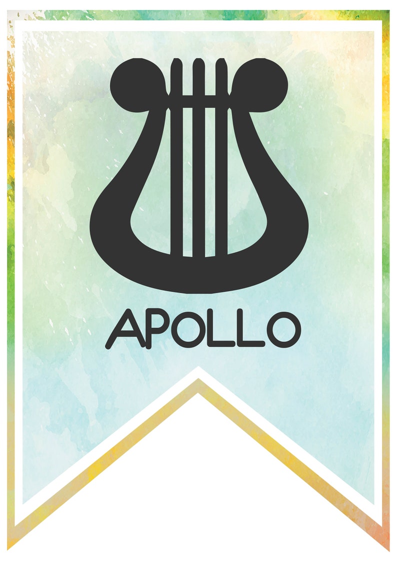 May include: A blue and green watercolor background with a gold border. A black silhouette of a lyre is in the center of the banner. The word "APOLLO" is written in black below the lyre.