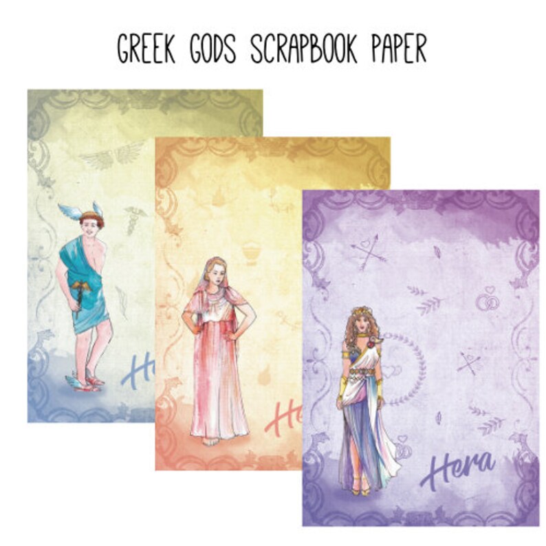 Greek Gods and Goddesses Scrapbook paper. Downloadable papers beautifully illustrated with God Zeus, Goddess Athena and 12 Olympian Gods. image 4