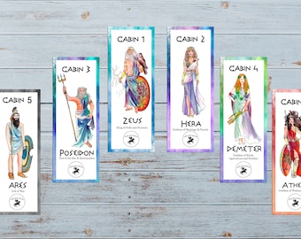 Percy Jackson Camp Half Blood cabin bookmarks/instant download/Percy Jackson must have!13 bookmarks with each God/Goddess cabin.