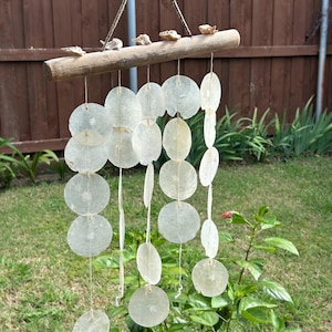 May include: A handmade wind chime with a wooden beam decorated with seashells. Translucent, circular capiz shells hang below, creating a coastal aesthetic. The chime is suspended by a natural fibre cord. The shells are approximately 7 cm in diameter.