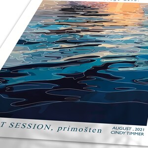May include: Abstract illustration of a sunset reflected in rippling water. The water is a mix of blue, teal, and dark blue colors. The text "SUNSET SESSION, primo&scaron;ten AUGUST, 2021 CINDY TIMMER" is at the bottom of the image.