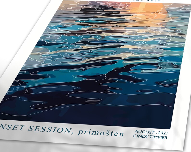 May include: Abstract illustration of a sunset reflected in rippling water. The water is a mix of blue, teal, and dark blue colors. The text "SUNSET SESSION, primo&scaron;ten AUGUST, 2021 CINDY TIMMER" is at the bottom of the image.