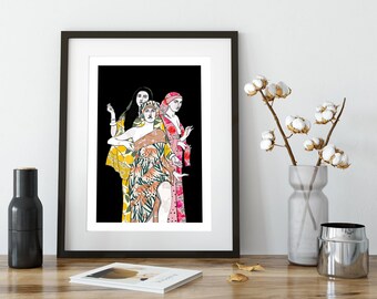 Feminist Women Illustration print, women in dresses wall art, colorful decoration artwork