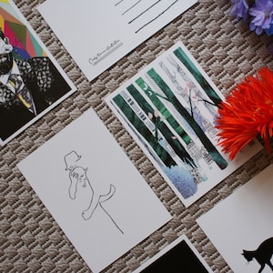 Set of 5 illustrated postcards, Colorful ansichtcard, set of small art gift.