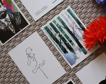 Set of 5 illustrated postcards, Colorful ansichtcard, set of small art gift.