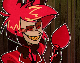 May include: A cartoon character with red hair and a red suit, wearing a black bow tie and holding a red heart-shaped object. The character has a mischievous grin and yellow teeth.