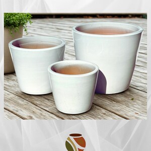 May include: Three white ceramic planters of varying sizes are arranged on a wooden surface. The planters have a glossy finish and a simple, modern design. The interior of each planter is a natural terracotta color. The logo "ARTISANS DIRECT CERAMIC POTTERY & HOME DECOR" is at the bottom.