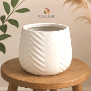 Handmade Modern Ceramic Pot Planter: Chevron Design | Drainage Hole | Indoor Outdoor