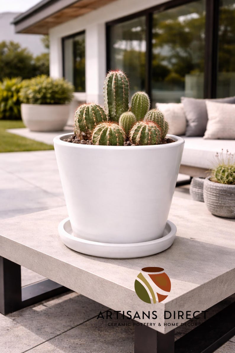 May include: A white ceramic planter with a saucer holds several green cacti. The planter sits on a light gray concrete table. The image includes the logo for Artisans Direct, ceramic pottery & home decor.