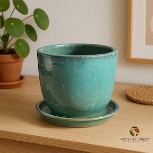 Contemporary Large Ceramic Planter with Ceramic Planter Saucer - Indoor/Outdoor - Drainage Hole - Handmade - Blue Aqua White Jade