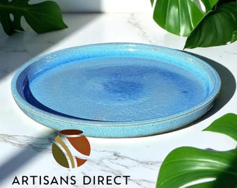 Ceramic Round Planter Saucer | Blue Aqua White Turquoise | DECORA GINA Collection |Handmade 8" 10" 12" 14" 16" 18" | Heavy Reactive Glaze