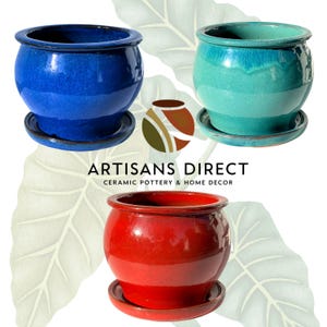 May include: Three ceramic planter pots with matching saucers. The pots are round and have a wide opening. The pots are blue, teal, and red.