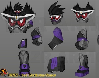 May include: A black and purple action figure with a helmet and wings. The figure is in multiple poses, showing the front, back, and sides. The figure is labeled "GENM - God Maximum Gamer".