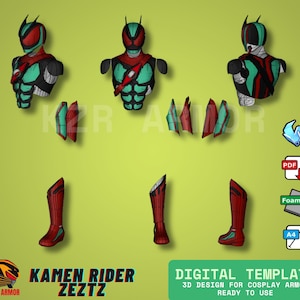 Op de afbeelding: Digitale sjabloon voor Kamen Rider Zetzt cosplay-pantser. Het ontwerp toont een helm, borst-, schouder- en beenpantser in rood, zwart en blauwgroen. De tekst "DIGITAL TEMPLATE 3D DESIGN FOR COSPLAY ARMOR READY TO USE" is inbegrepen.