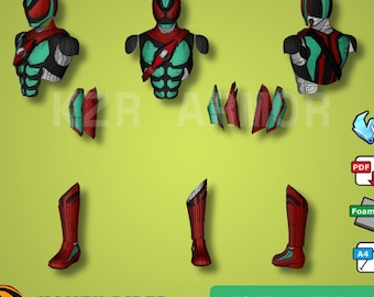 May include: Digital template for Kamen Rider Zetzt cosplay armor. The design features a helmet, chest, shoulder, and leg armor in red, black, and teal. The image includes the text "DIGITAL TEMPLATE 3D DESIGN FOR COSPLAY ARMOR READY TO USE."