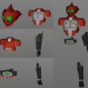 May include: A red and black action figure with a helmet, chest plate, arms, legs, and a belt. The figure is made of plastic and is designed to look like a superhero.