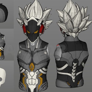 May include: A detailed illustration of a futuristic armor design. The armor is gray, black, and white with yellow accents. The design includes a helmet with a visor, a chest piece, and a back piece. The armor is shown from multiple angles.