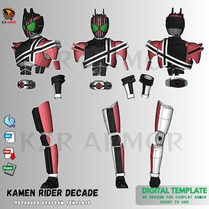 May include: Digital template for Kamen Rider Decade cosplay armour. The design features a red, black, and white colour scheme. Includes helmet, chest, belt, arm, and leg components. The text on the image says "Digital Template" and "Ready to Use".