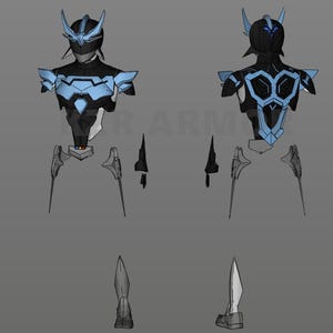 May include: A detailed illustration of a black and blue superhero costume with a helmet, chest plate, and leg armor. The costume is disassembled into separate pieces.