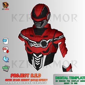 May include: A red and black cosplay armor design, featuring a helmet and chest piece. The design includes the text "PROJECT R.E.D" and "DIGITAL TEMPLATE". The armor is a 3D design for cosplay, ready to use.