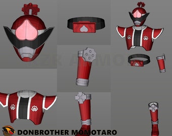 May include: Red and white plastic model kit of a superhero character, Donbrother Momotaro, with a helmet, chest armor, belt, arm guards, and boots. The character has a red and white design with a heart symbol on the chest and belt.
