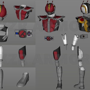 Pode incluir: Um diagrama detalhado mostrando as partes individuais de um traje de super-herói vermelho e preto. O traje inclui um capacete, uma peça de peito, um cinto, ombreiras, luvas, botas e peças para as pernas.
