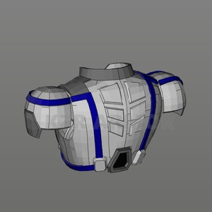 Pode incluir: Um modelo 3D branco e cinza de uma pe&ccedil;a de armadura de peito futurista com detalhes azuis. A armadura tem um design segmentado com uma variedade de formas e texturas.