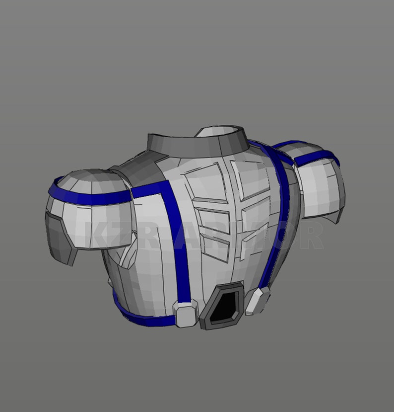 Pode incluir: Um modelo 3D branco e cinza de uma pe&ccedil;a de armadura de peito futurista com detalhes azuis. A armadura tem um design segmentado com uma variedade de formas e texturas.