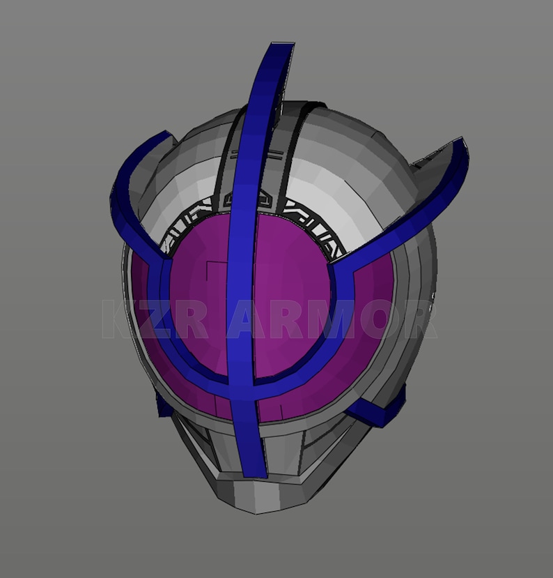 Pode incluir: Um modelo 3D de um capacete com um design roxo e azul. O capacete tem uma viseira grande e redonda com uma lente roxa e uma moldura azul. O capacete &eacute; decorado com linhas azuis e uma crista azul no topo.
