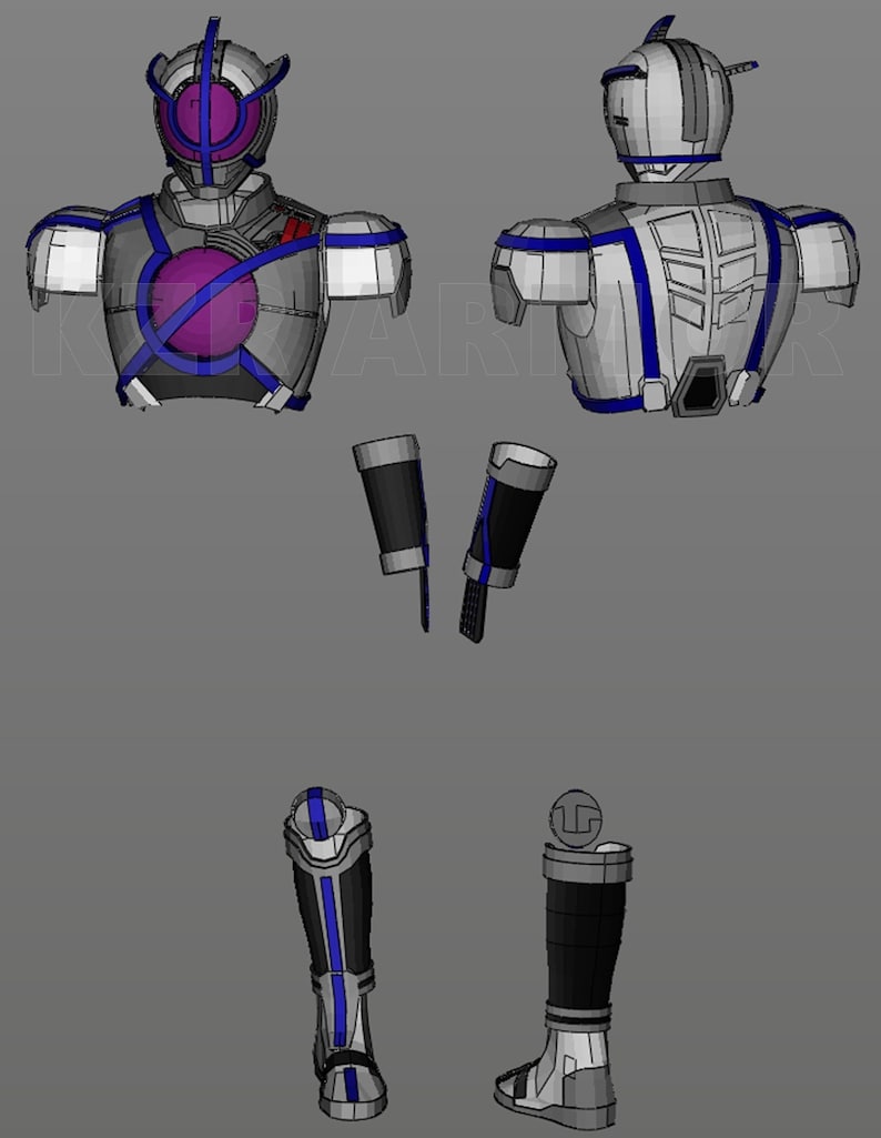 Pode incluir: Um traje de rob&ocirc; branco e azul com uma viseira roxa. O traje &eacute; composto por pe&ccedil;as separadas, incluindo o torso, os bra&ccedil;os e as pernas.
