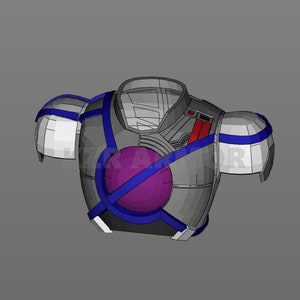 Pode incluir: Um modelo 3D de uma pe&ccedil;a de armadura de peito cinza e prata com detalhes azuis e brancos. A pe&ccedil;a de peito tem uma grande gema circular roxa no centro.